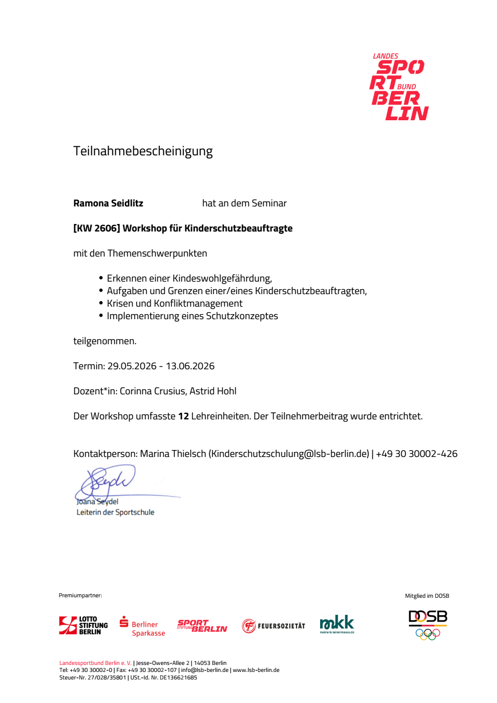 Zertifikat des Landessportbundes Berlin zum Workshop für Kinderschutzbeauftragte